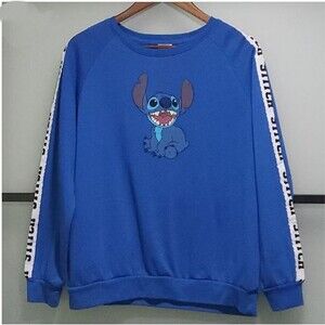 Disney Stitch Blue Pullover Sweatshirt White Sleeve Tape Logo Graphic Youth XL